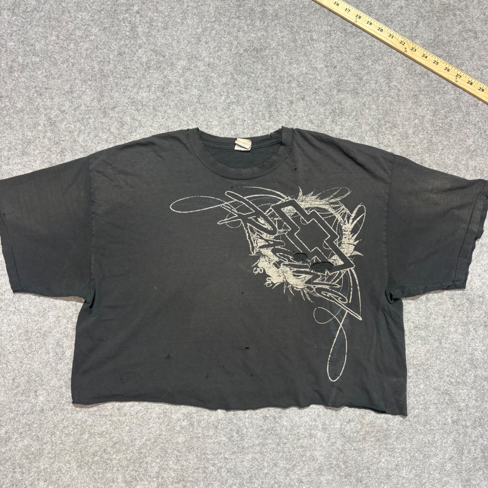 Vintage M&O Knits Chevrolet Graphic Cropped T-Shirt Distressed Black XL